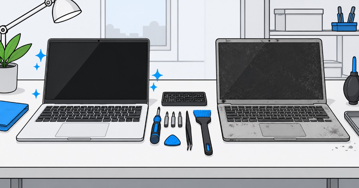 Čistý opravený a zaprášený notebook vedle sebe s nářadím a kartáčkem uprostřed