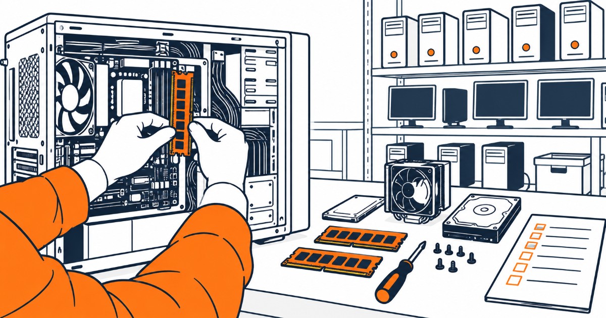 Ruce technika vyměňující paměťový modul v otevřeném počítači v dílně