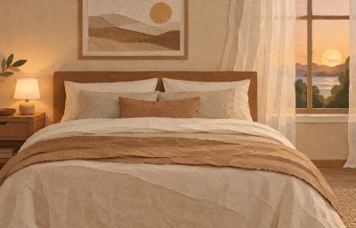 Klidná ložnice s vrstveným ložním prádlem a lampičkou